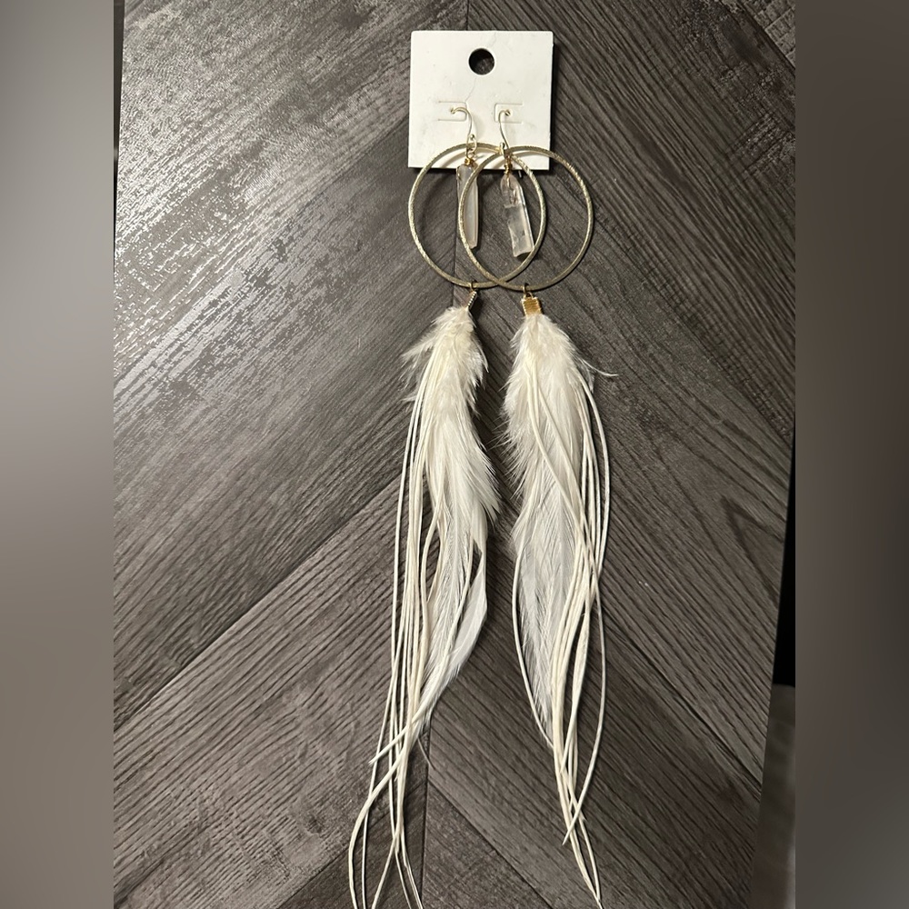 Stone clear crystal quartz feather earrings